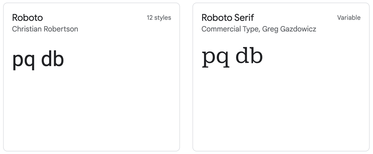The letters pq and db in the Roboto and Roboto Serif fonts