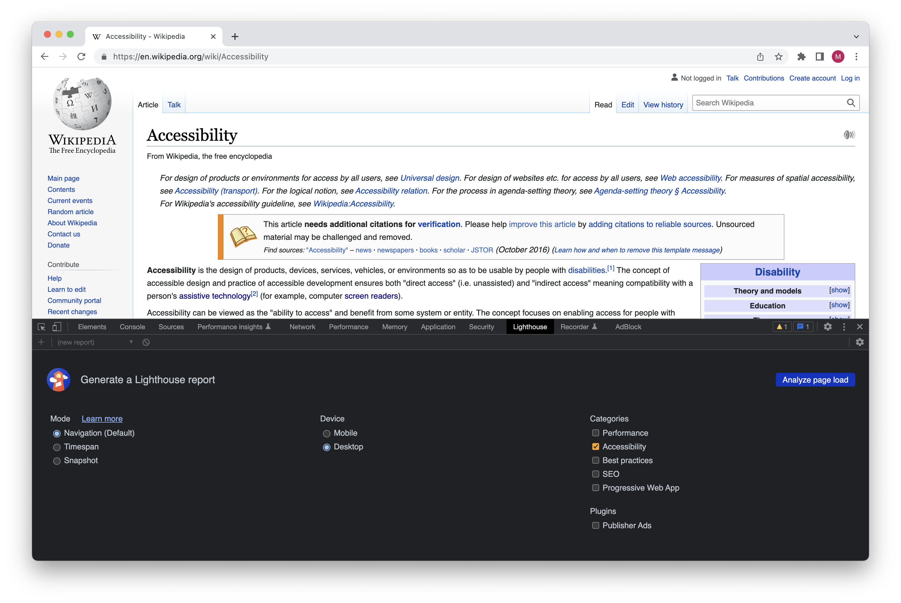 Screenshot of a Chrome browser window showing the Wikipedia page about Accessibility, with Lighthouse opened in the developer tools