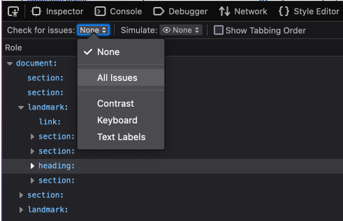 Screenshot of part of the Accessibility Inspector in Firefox. A dropdown for the issues to check shows the options None, All issues, Contrast, Keyboard and Text Labels