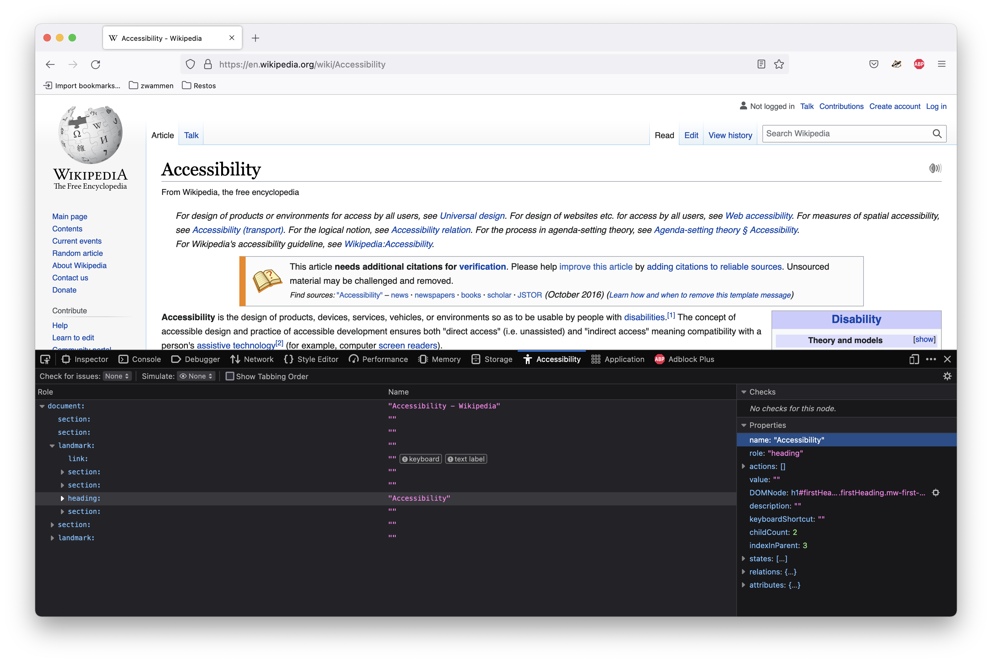 A Firefox web browser window showing the Wikipedia page for 'Accessibility'. The Firefox developer console is open, with the Accessibility tab selected