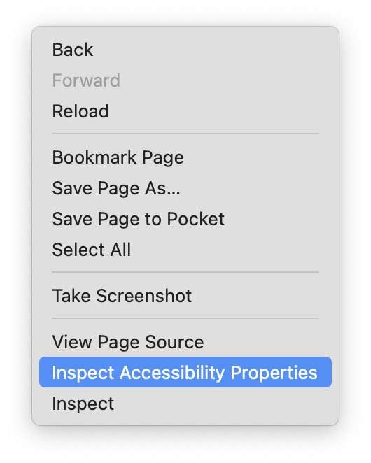 Screenshot of the popup with commands that appears when a user clicks right on a web page in Firefox. The "Inspect Accessibility Properties" command is highlighted