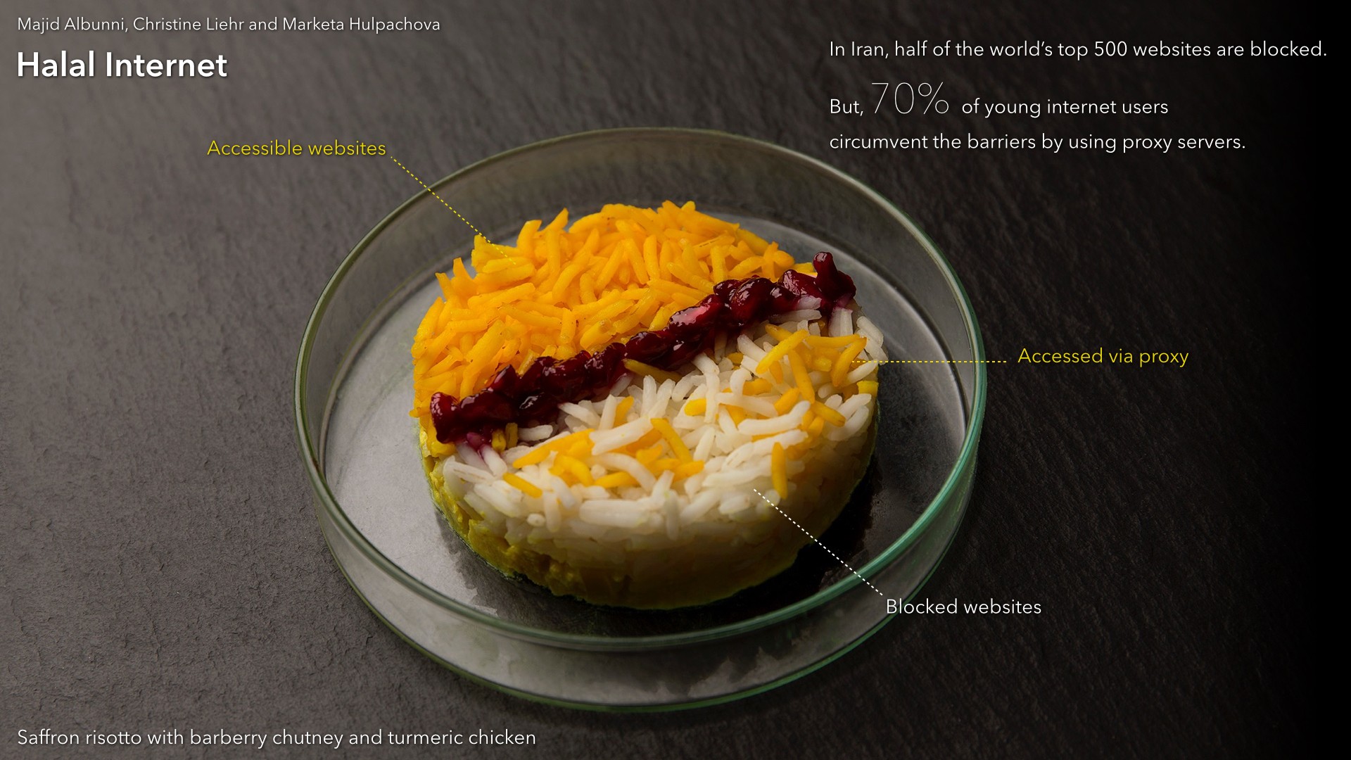 Result of a Data Cuisine workshop called 'Halal internet', representing access to internet in Iran with different colours of rice