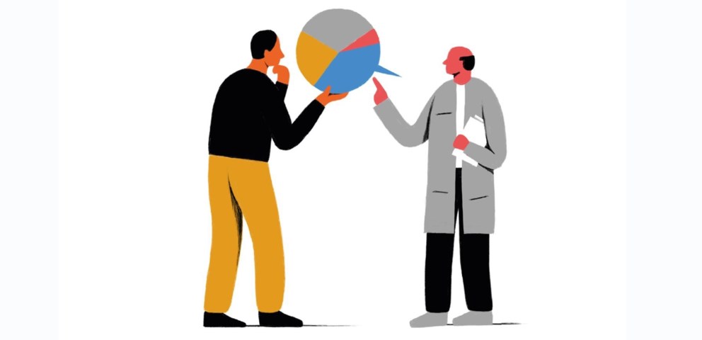 A cartoon showing a person explaining something to another person, with a text balloon which is a pie chart at the same time