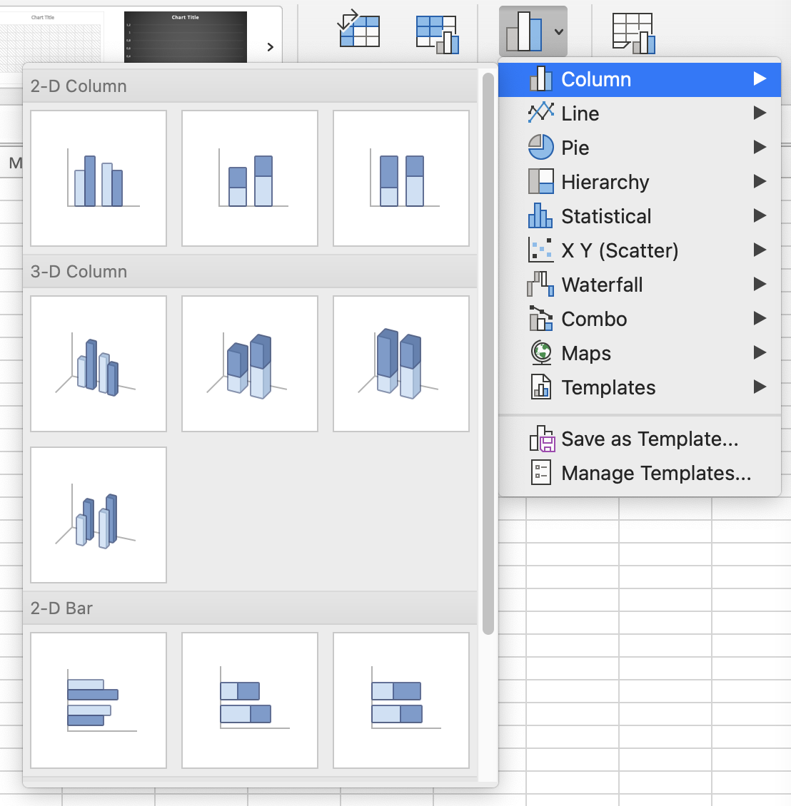 Screenshot of the list of chart templates avaiable in Microsoft Excel