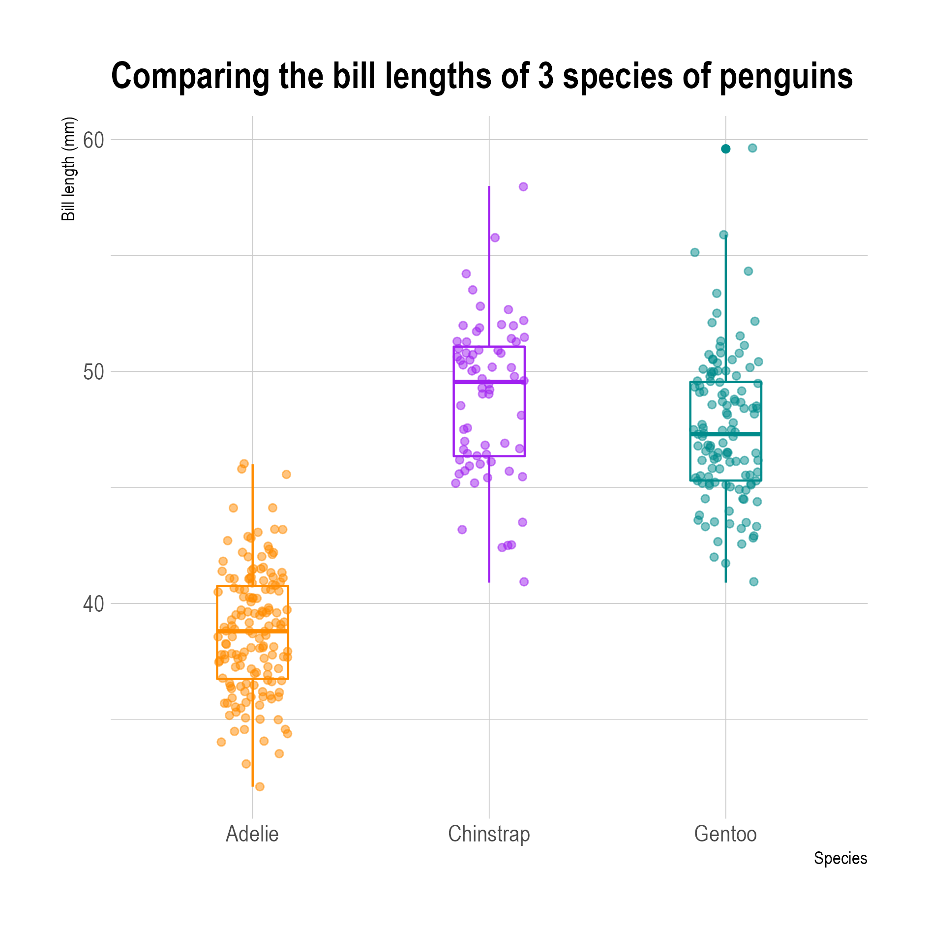 3 box plots comparing the bill lengths of 3 species of penguins. The individual data points are plotted on top of the box plots