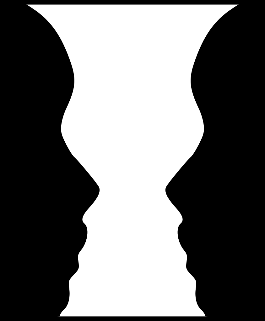 A silhouette of 2 black faces that could also be seen as the silhouette of a vase between them in white