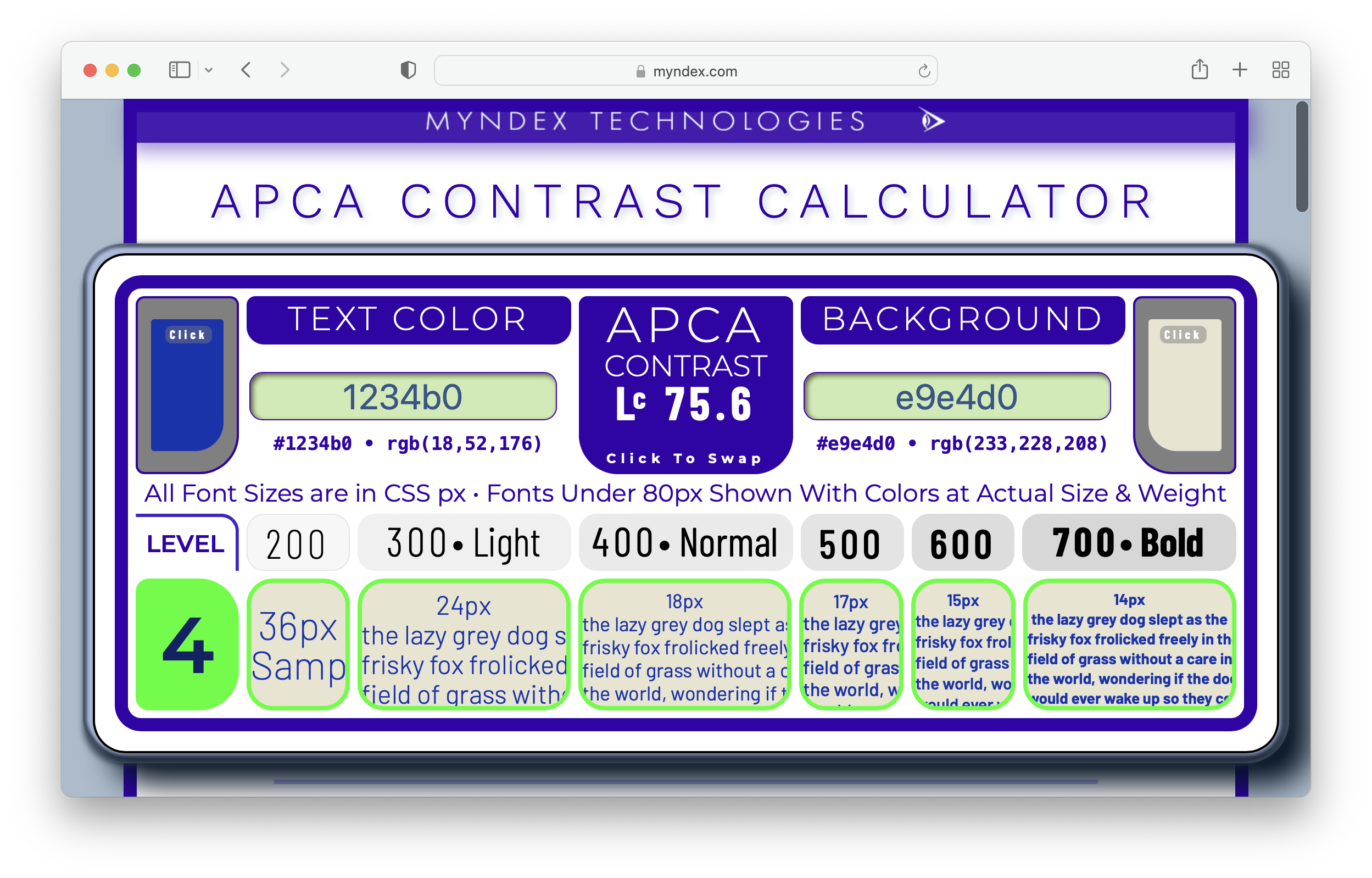 A web browser showing the APCA Contrast Calculator