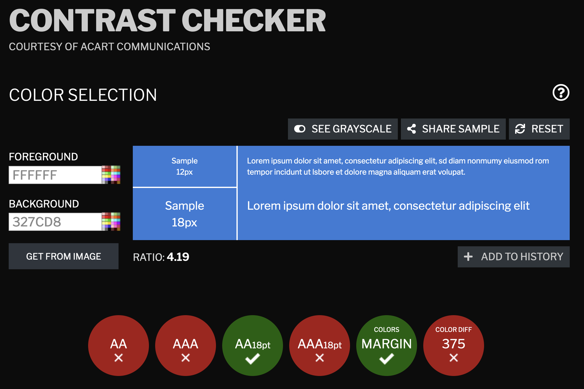 A screenshot of the interface of contrastchecker.com showing that the contrast between white text and a blue background is too low