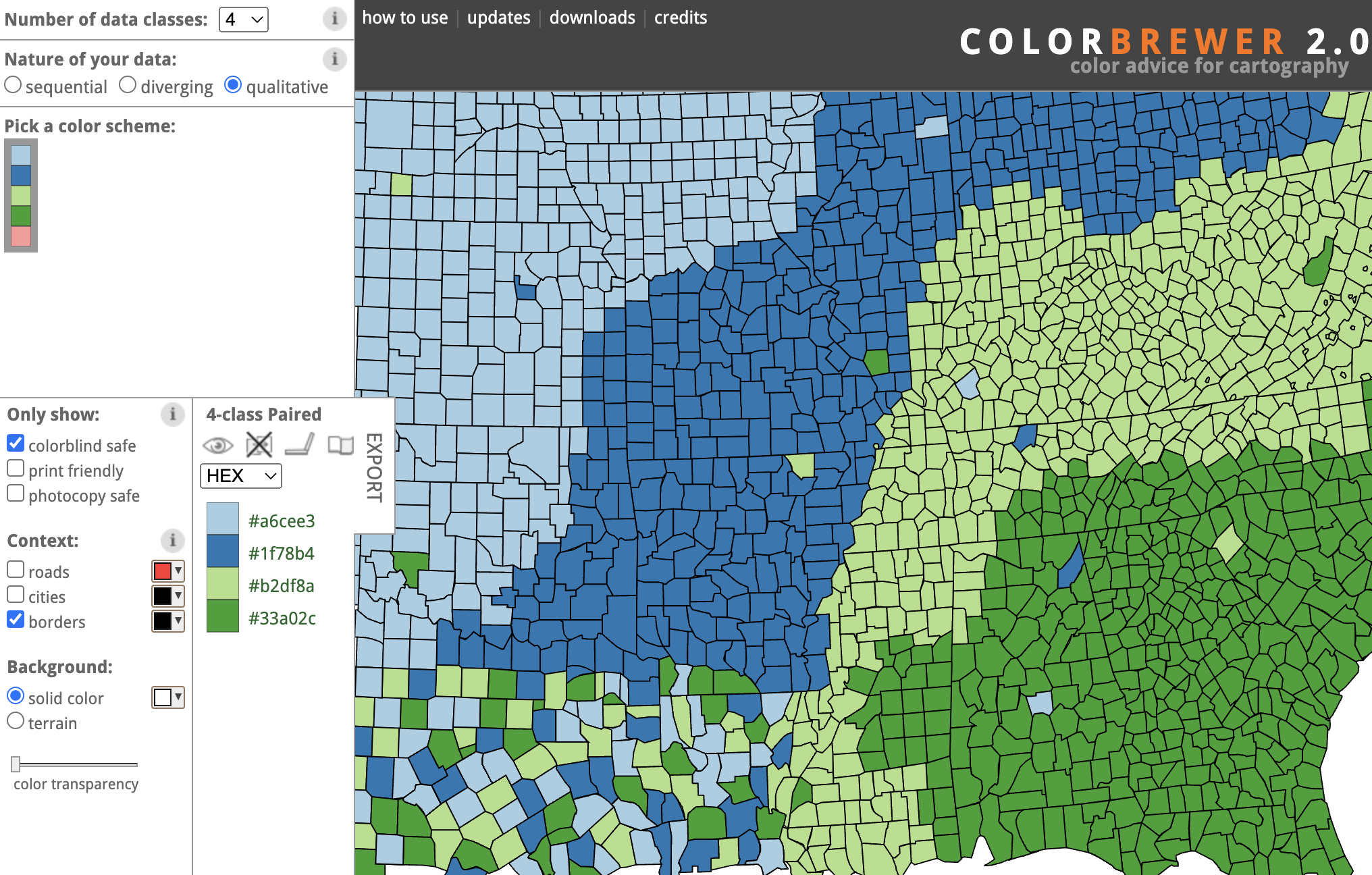 A web browser displaying the Color Brewer interface, showing a 4 colour qualitative colourblind safe palette with greens and blues