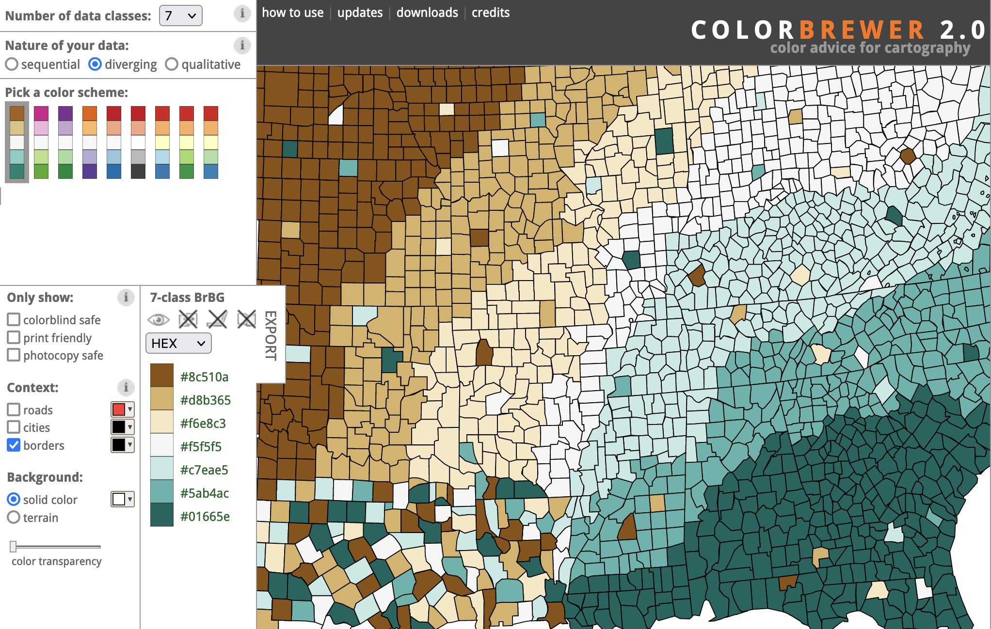 Screenshot of the Color Brewer interface, showing a 7 classes diverging colour scheme with browns and greens
