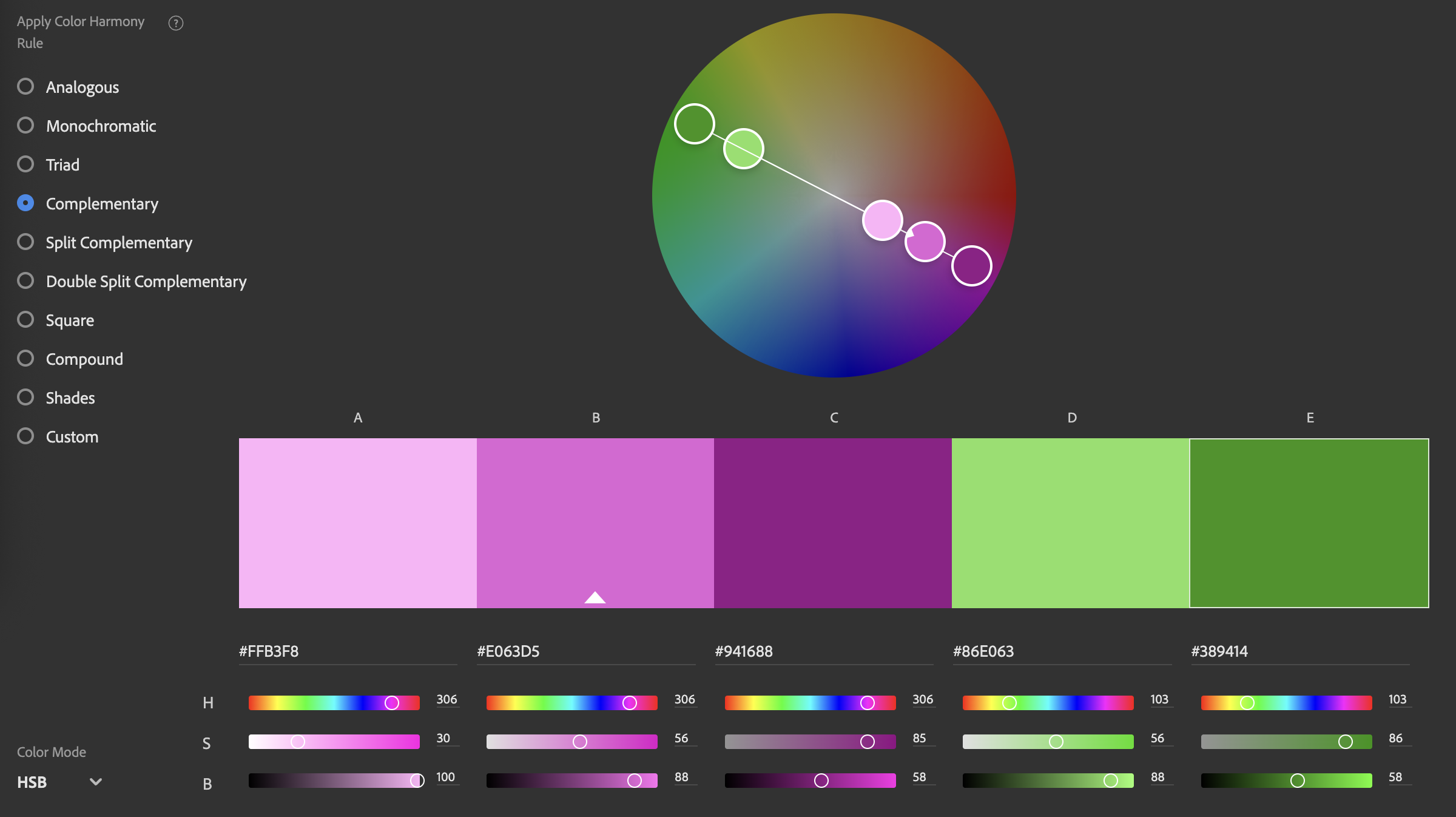 Screenshot of the Adobe Color Wheel showing complementary pink and green colours