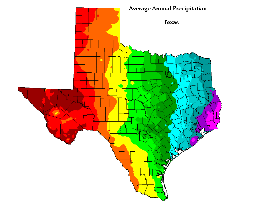 A map of Texas with a rainbow colour scale applied to it, but without a legend