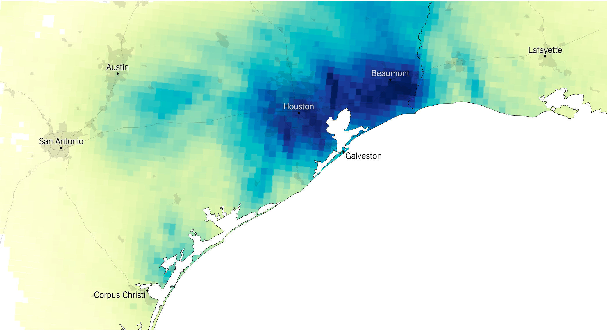 A precipitation map of the area around Houston, with a yellow - blue colour scheme, without a legend