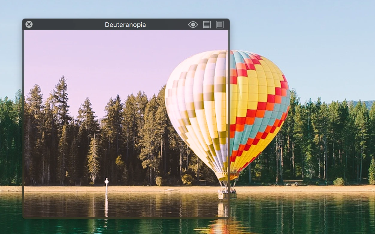 Screenshot of the Sim Daltonism window over a picture of an air balloon with different colours