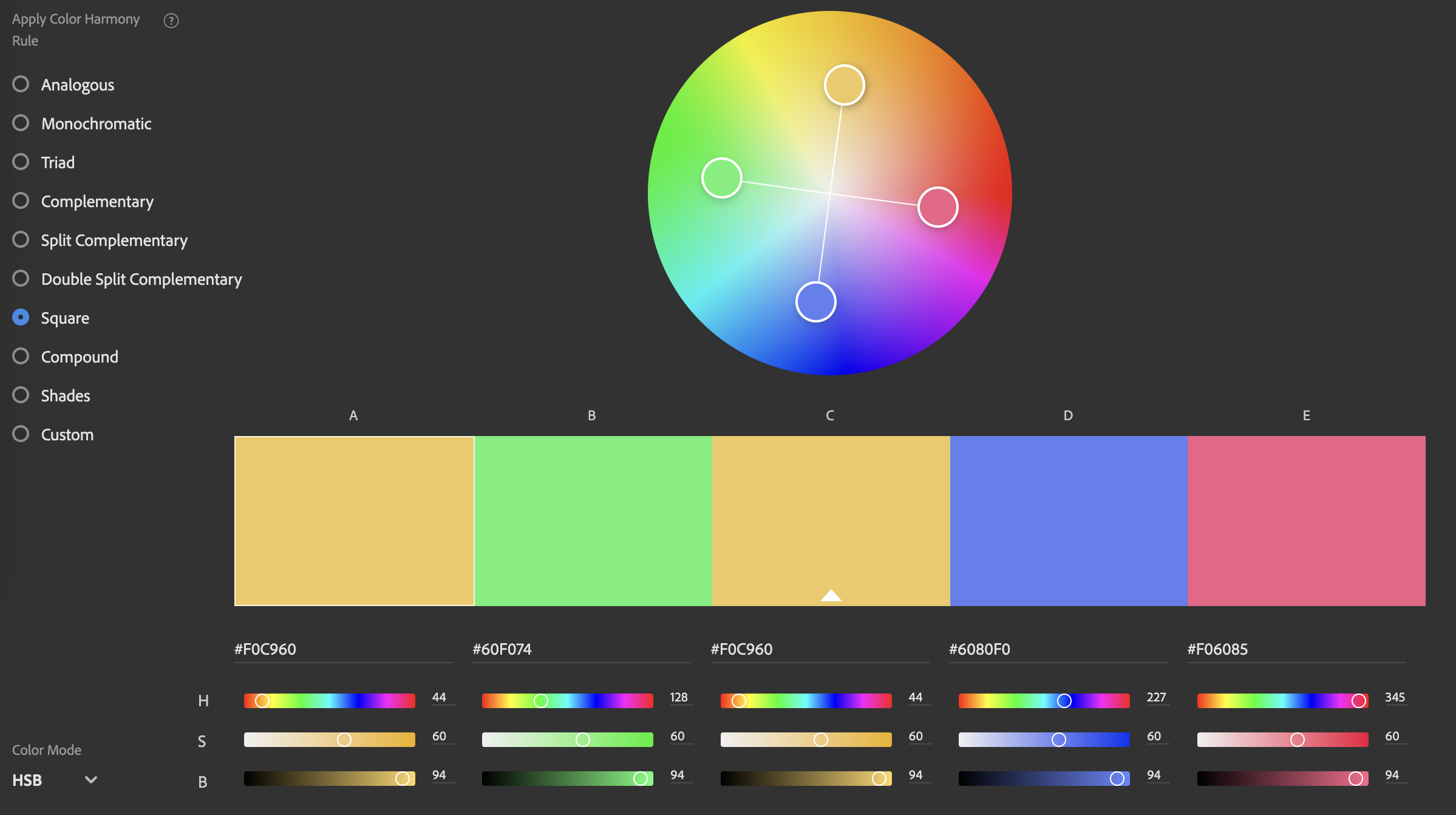 A screenshot of the Adobe Color Wheel interface