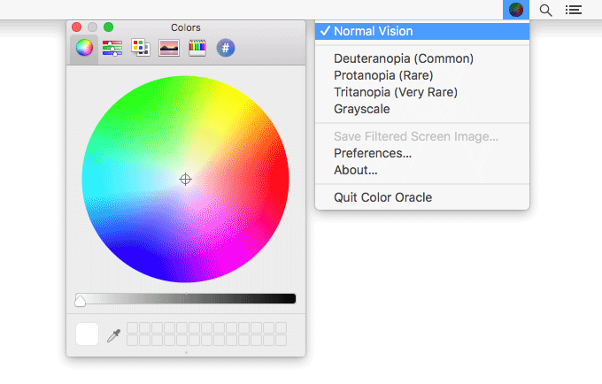 An animated gif that shows how the default Mac colour wheel looks like with different colour blind simulations selected in Color Oracle