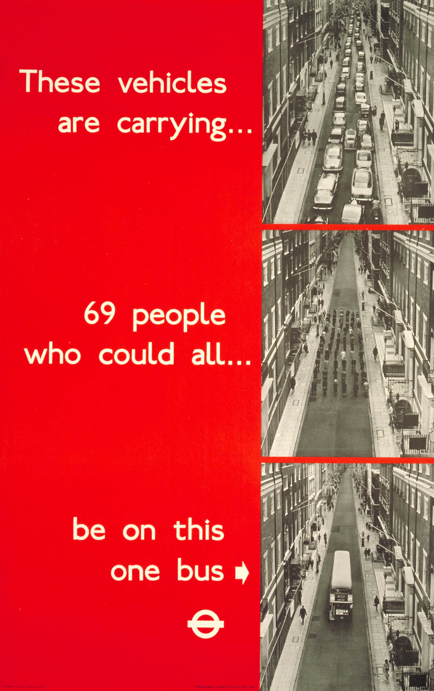 3 photos showing 69 people in cars, on foot and in one bus. The text next to the photos says 'These vehicles are carrying... 69 people who could all... be on this one bus
