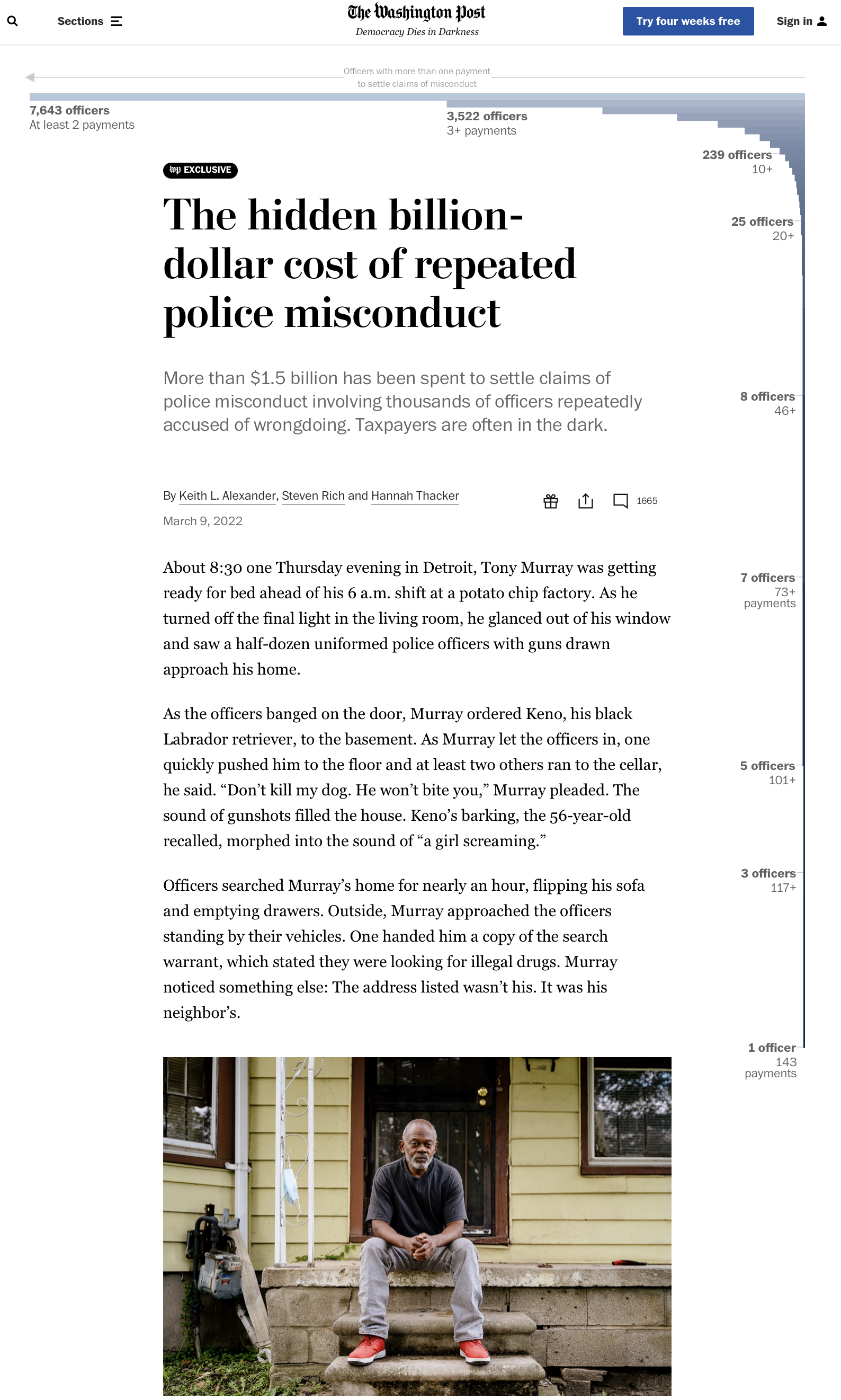 A bar chart integrated into the top of an article on washingtonpost.com. The highest value on the bar chart runs next to the text of the article for several paragraphs