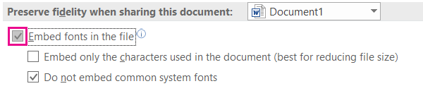 A software dialogue offering the option to Embed fonts in a Word document