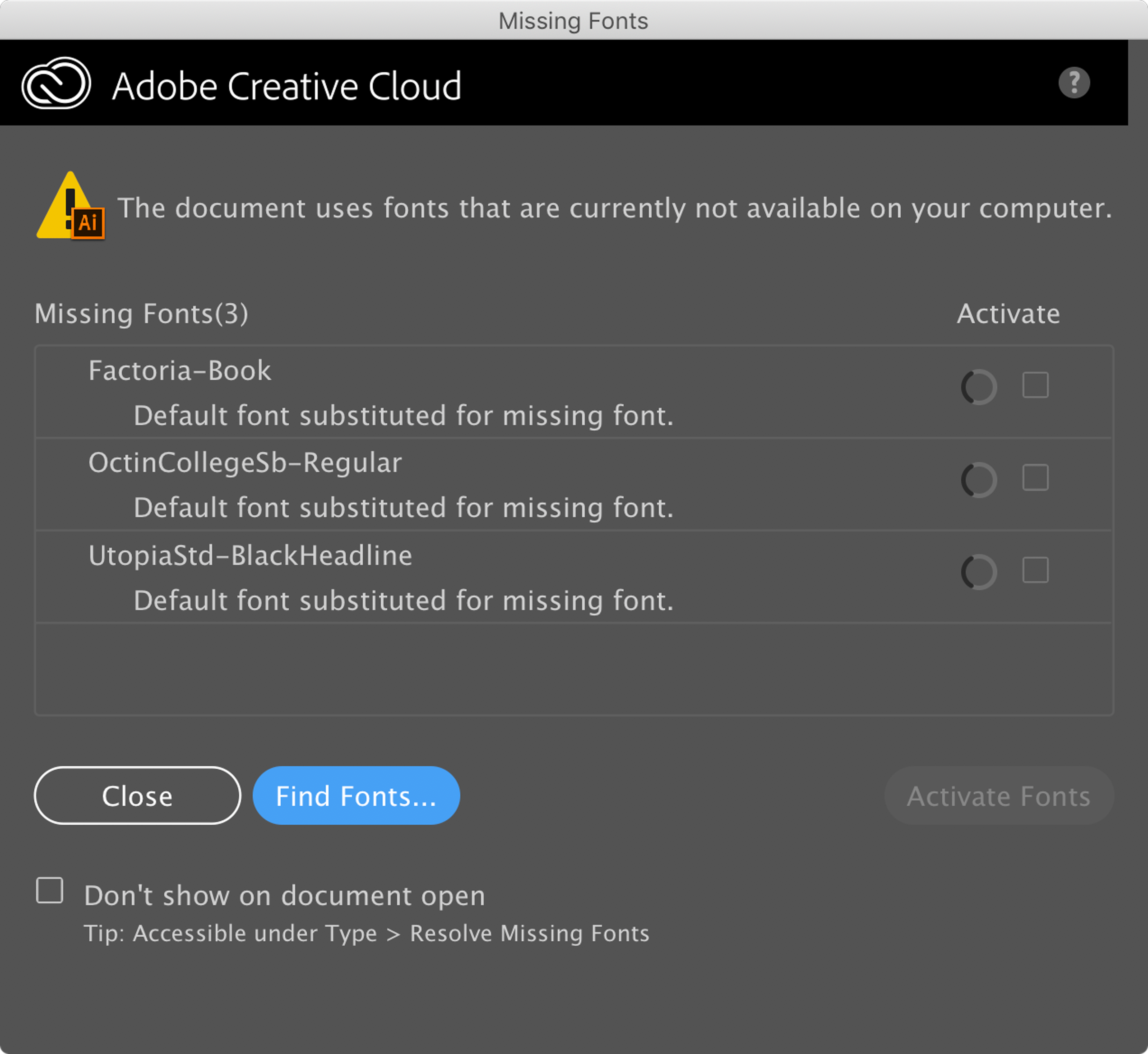 A software programme dialogue from Adobe Illustrator with the message "The document uses fonts that are currently not available on your computer", and lists 3 missing fonts