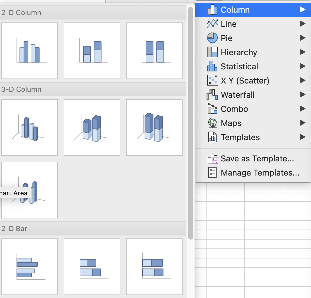 Screenshot of the available chart types in Microsoft Excel