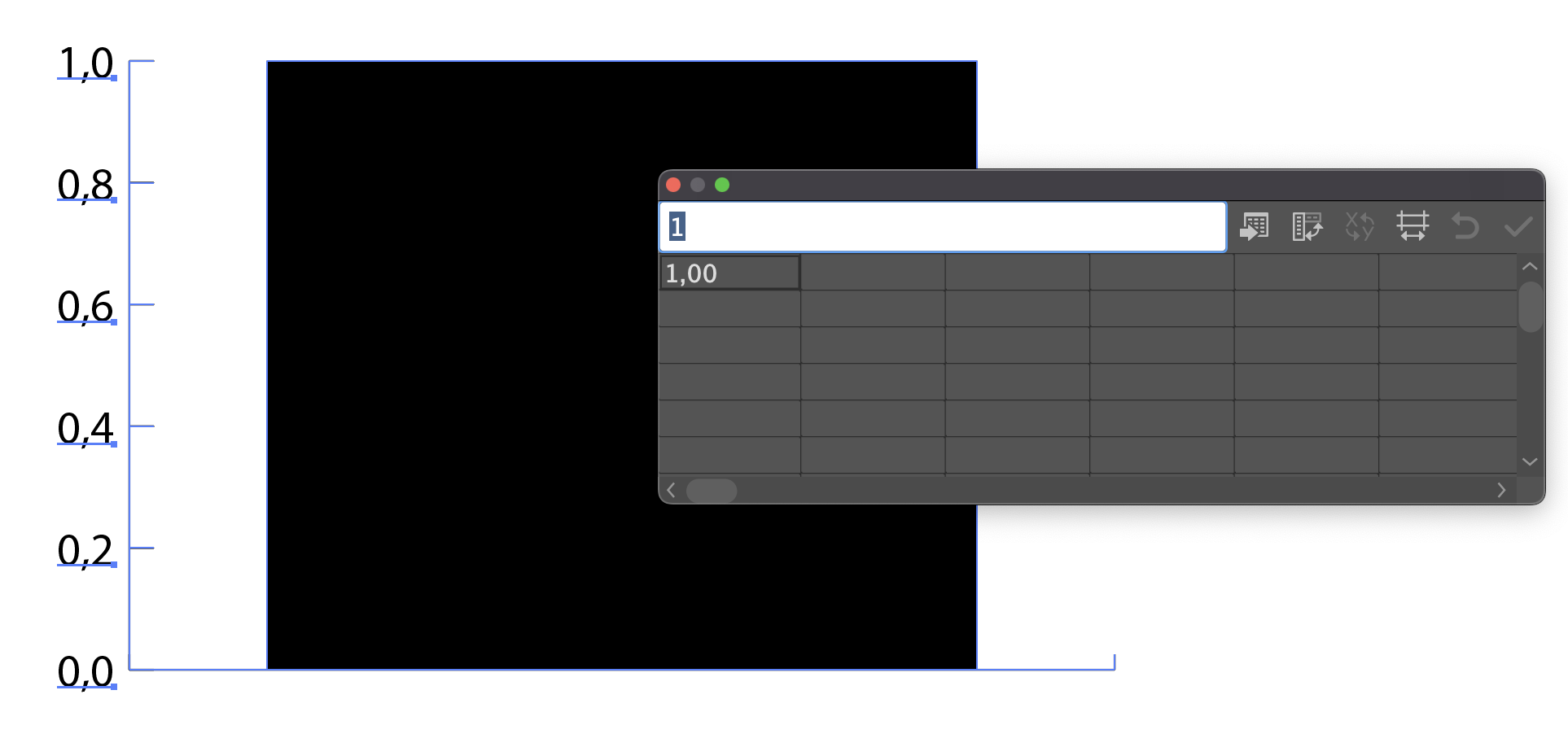 Screenshot of the Adobe Illustrator Graph tool, showing a very basic bar chart with one bar in black, and a data table with the value of 1 in a single cell