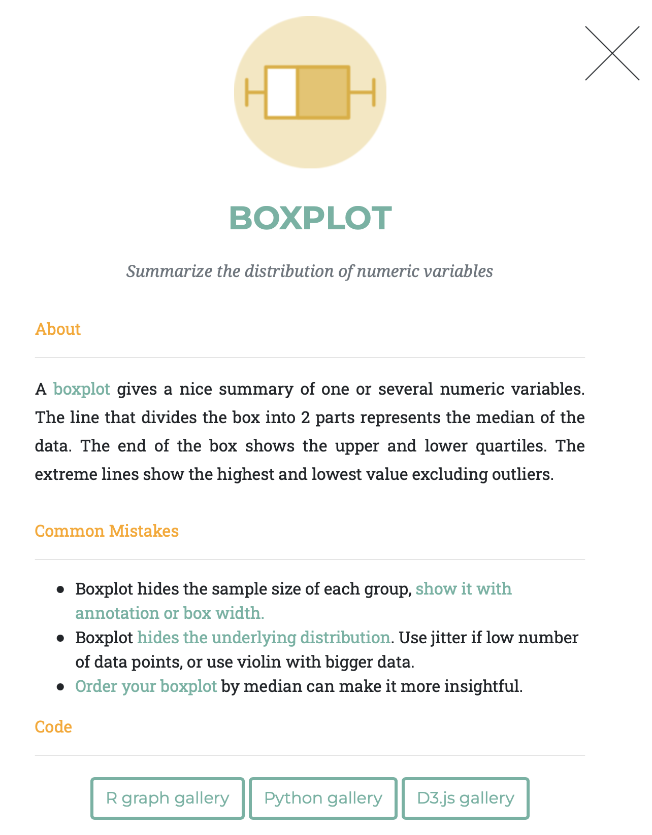 A screenshot of the page about boxplots on Data to Viz, with sections named About, Common Mistakes and Code