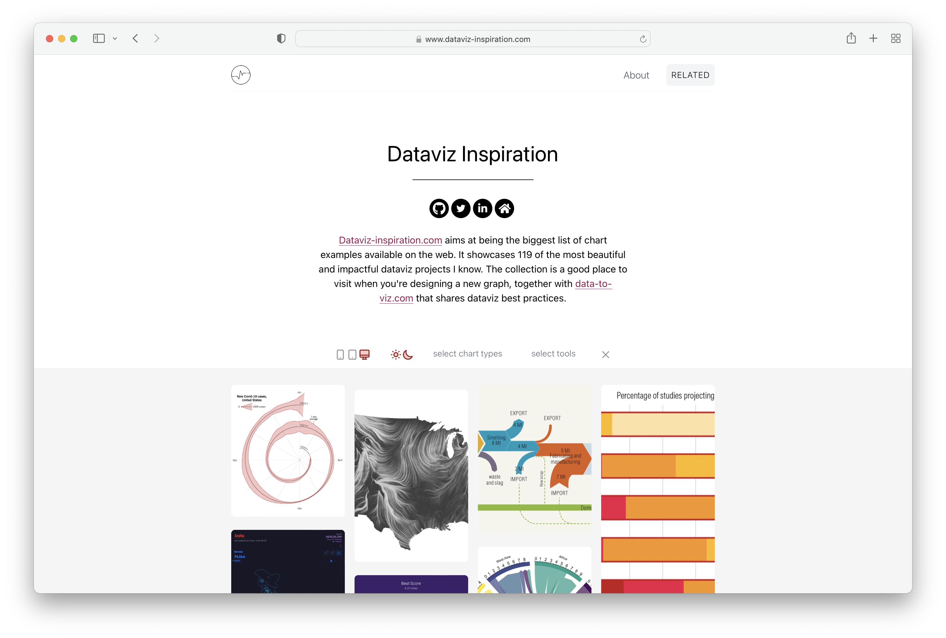 A browser window showing the dataviz-inspiration.com home page