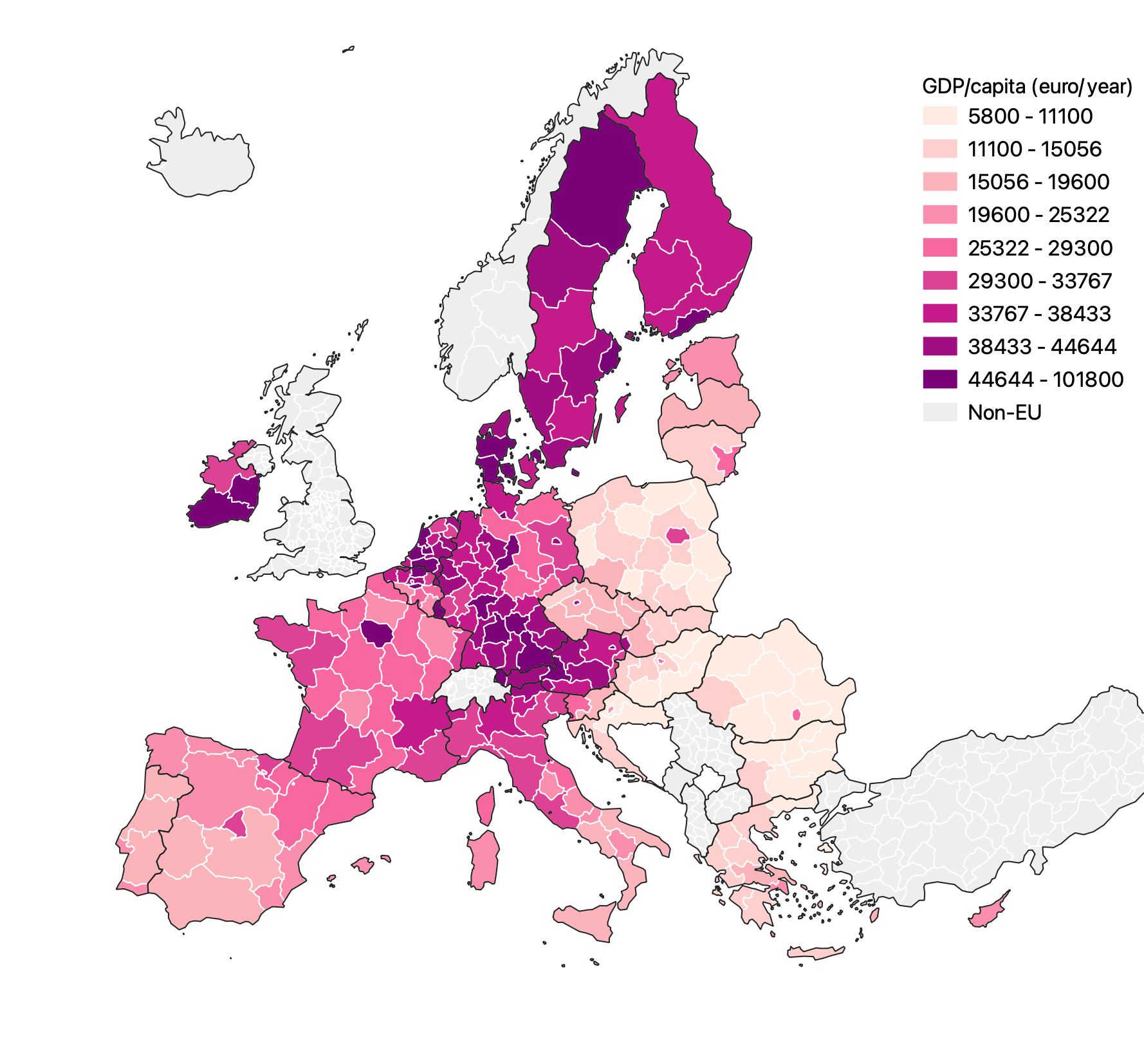 A choropleth map showing regional GDP in EU regions