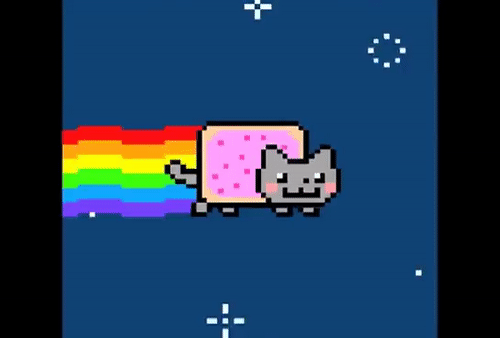 A GIF version of the rainbow cat meme showing a cat flying through stars and generating a rainbow