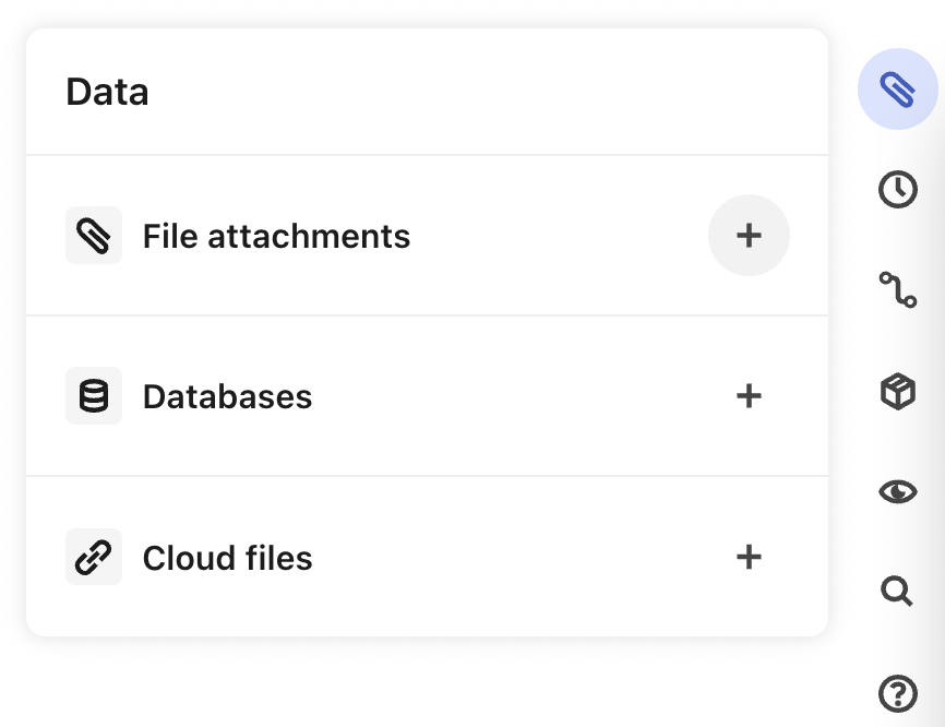 The Data dialogue in Observable, showing the options File attachments, Databases and Cloud files