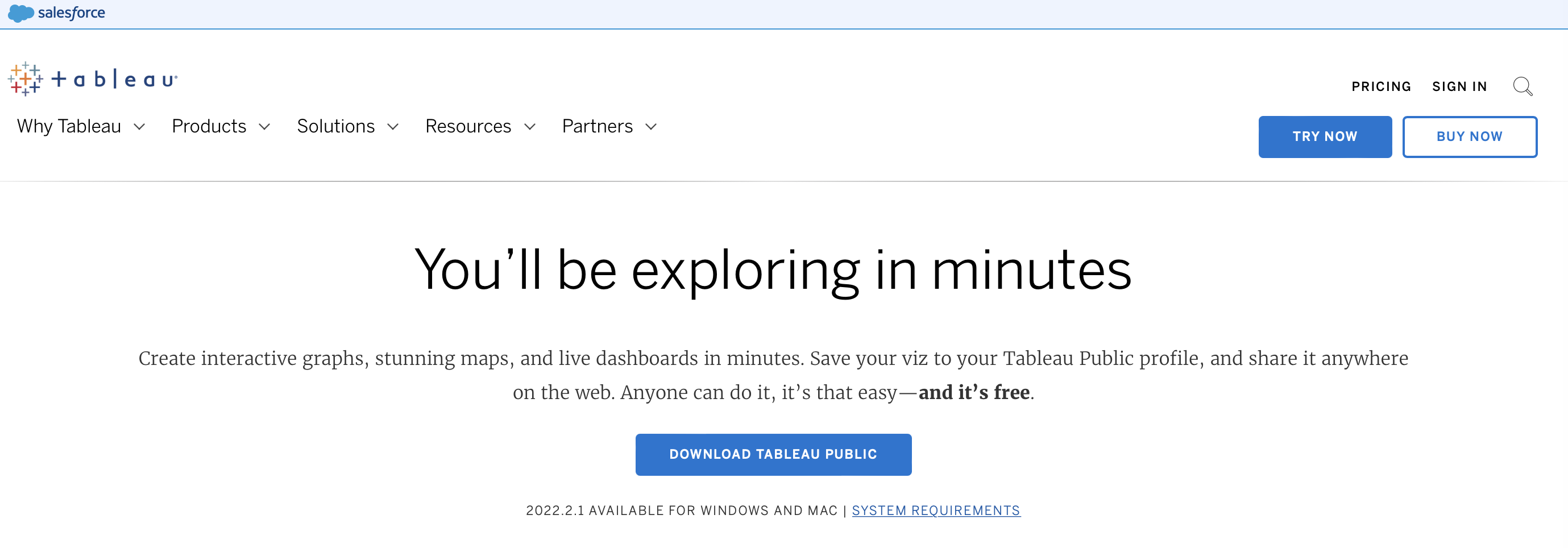 Screenshot of the download page for Tableau Public