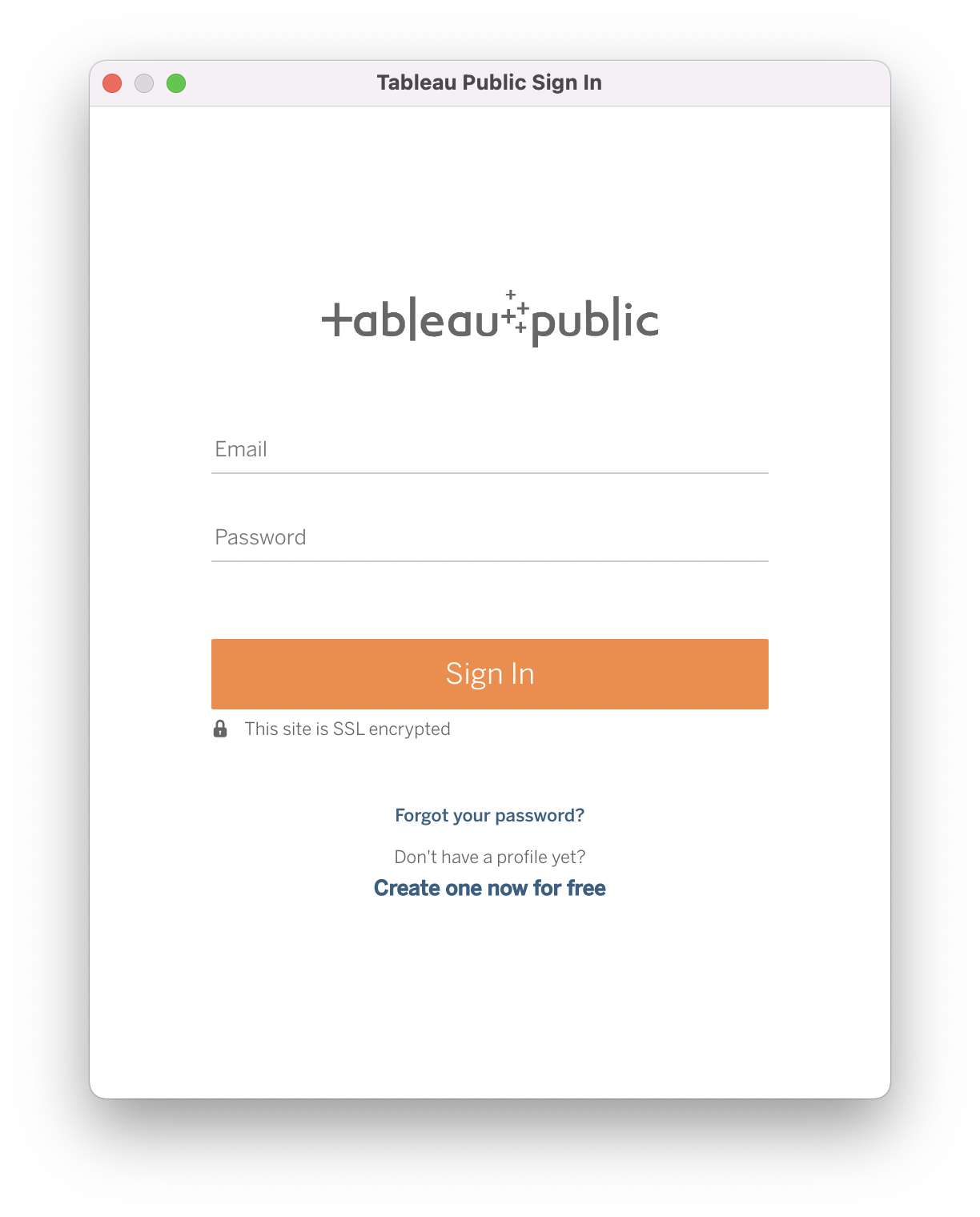 The Tableau Public Sign In dialogue