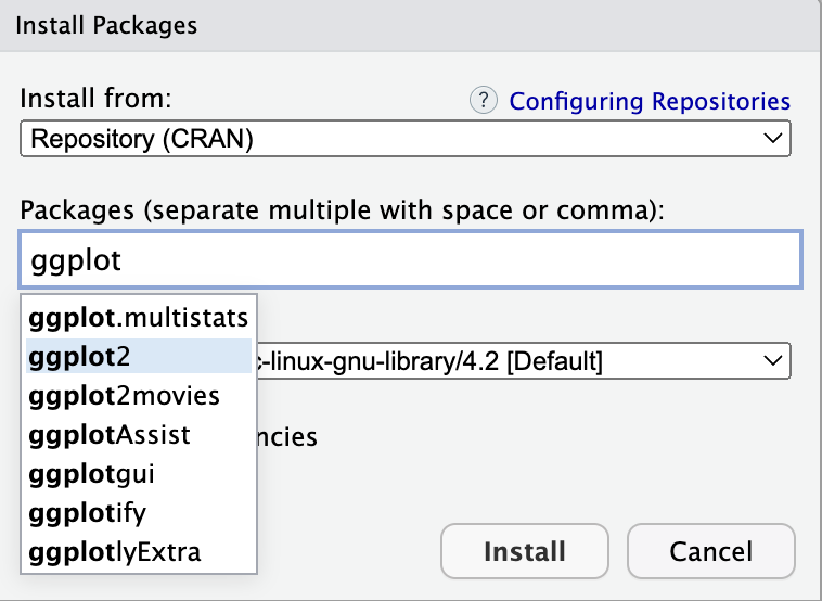 The "Install packages" dialogue of RStudio, with the ggplot2 package highlighted in the dropdown to search for packages