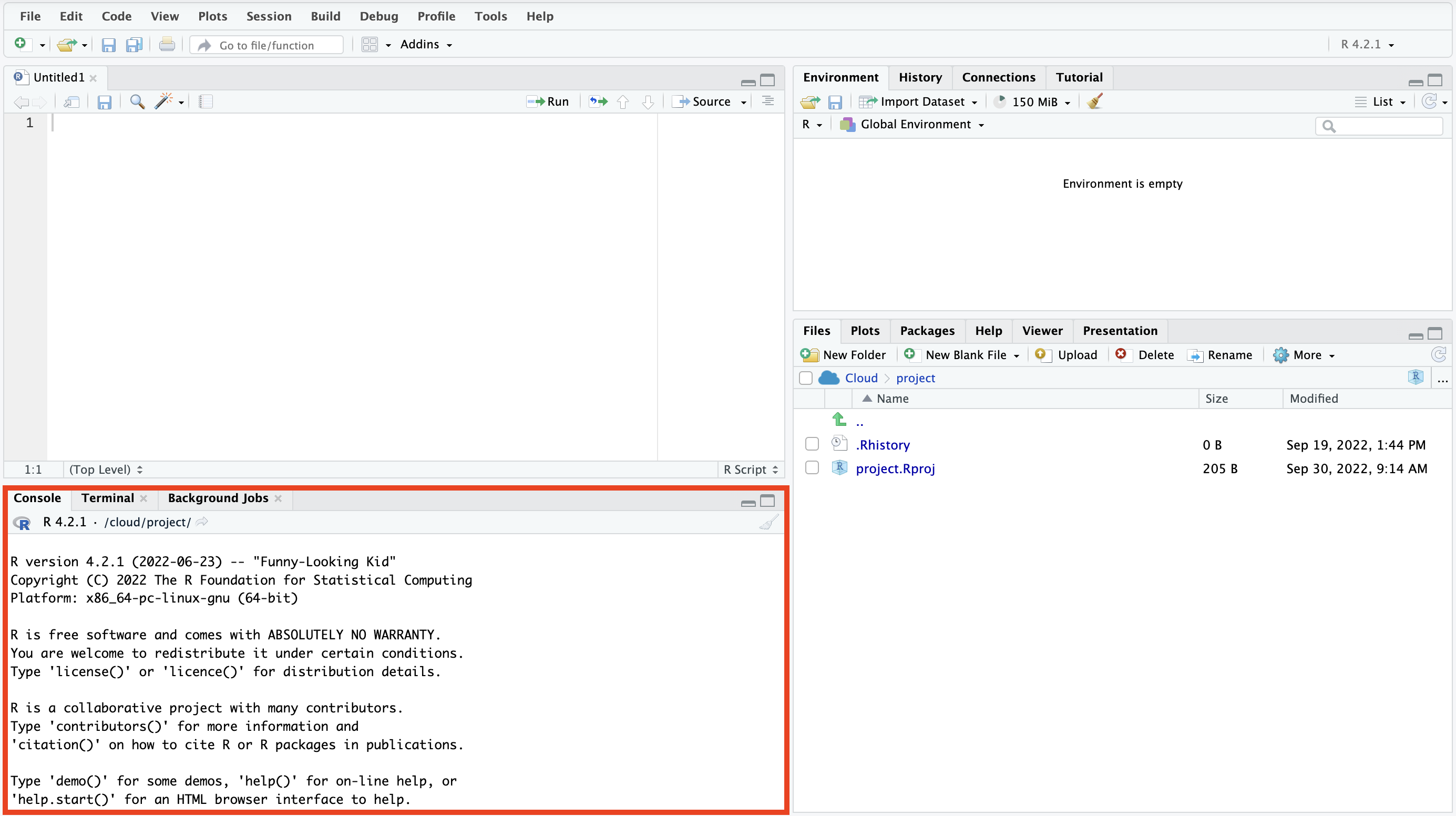 The RStudio interface with the console pane highlighted in red