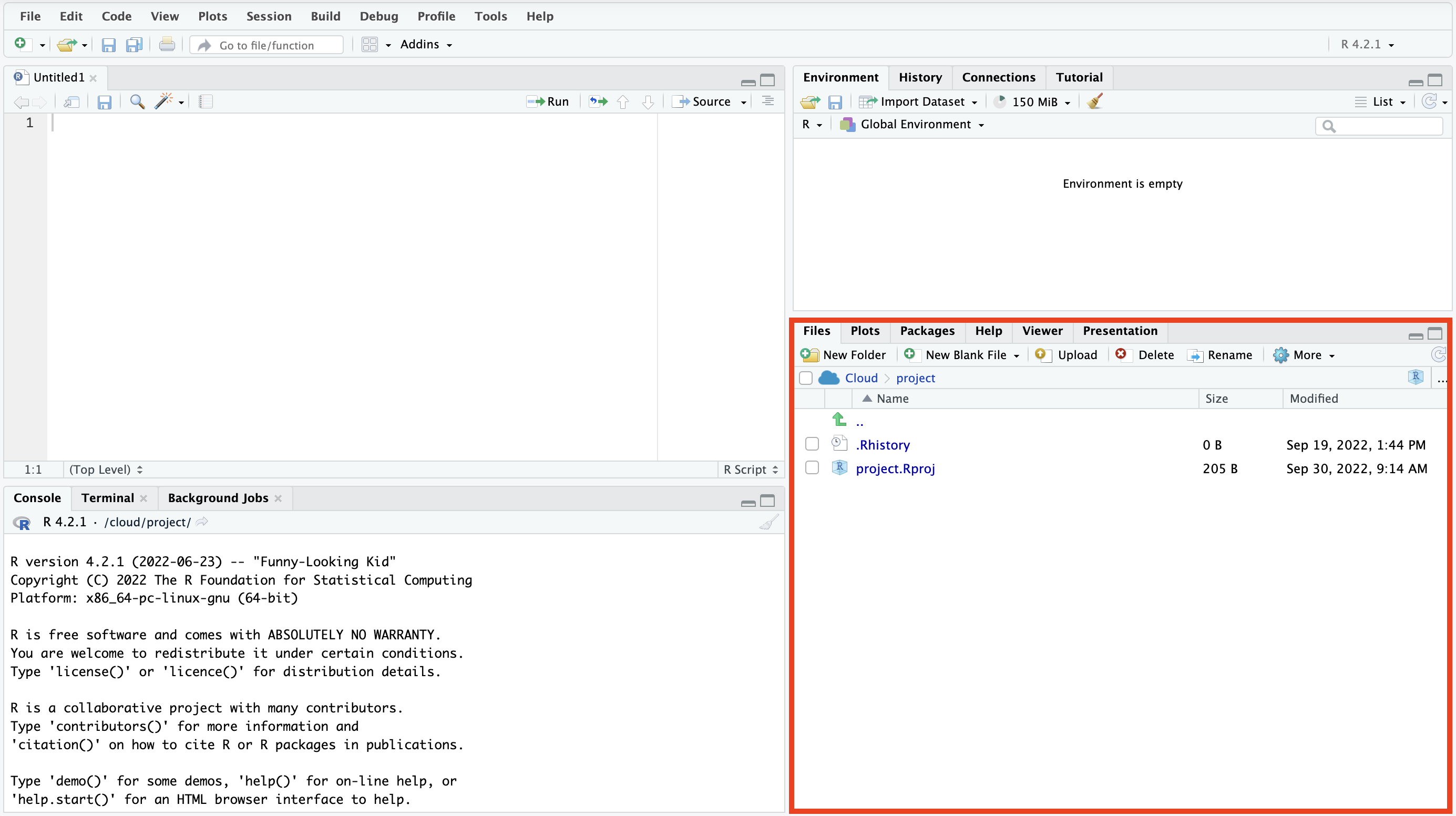 The RStudio interface with the pane for files and packages highlighted in red