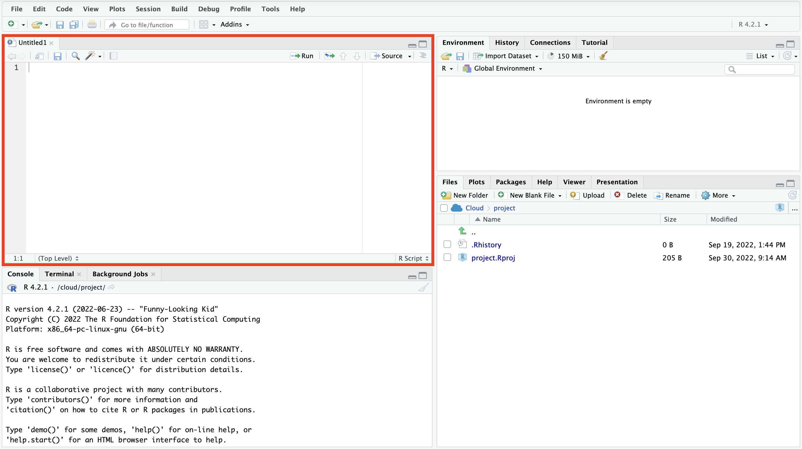 The RStudio interface with the source pane highlighted in red