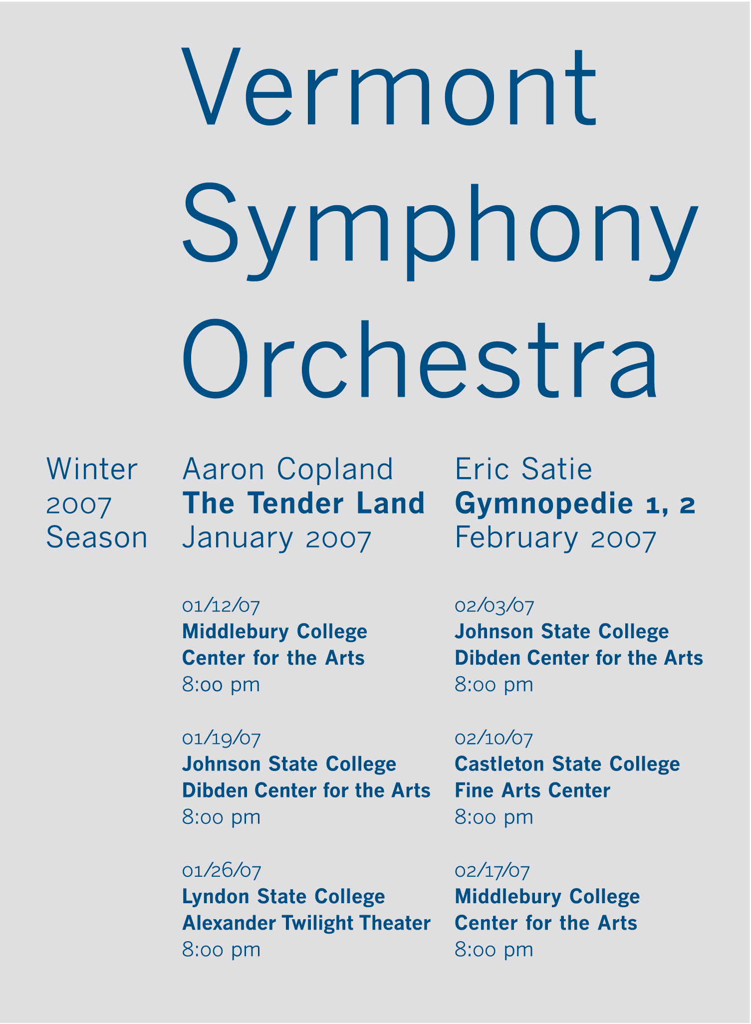 A poster anouncing the calendar of the Vermont Symphony Orchestra, with an invisible grid