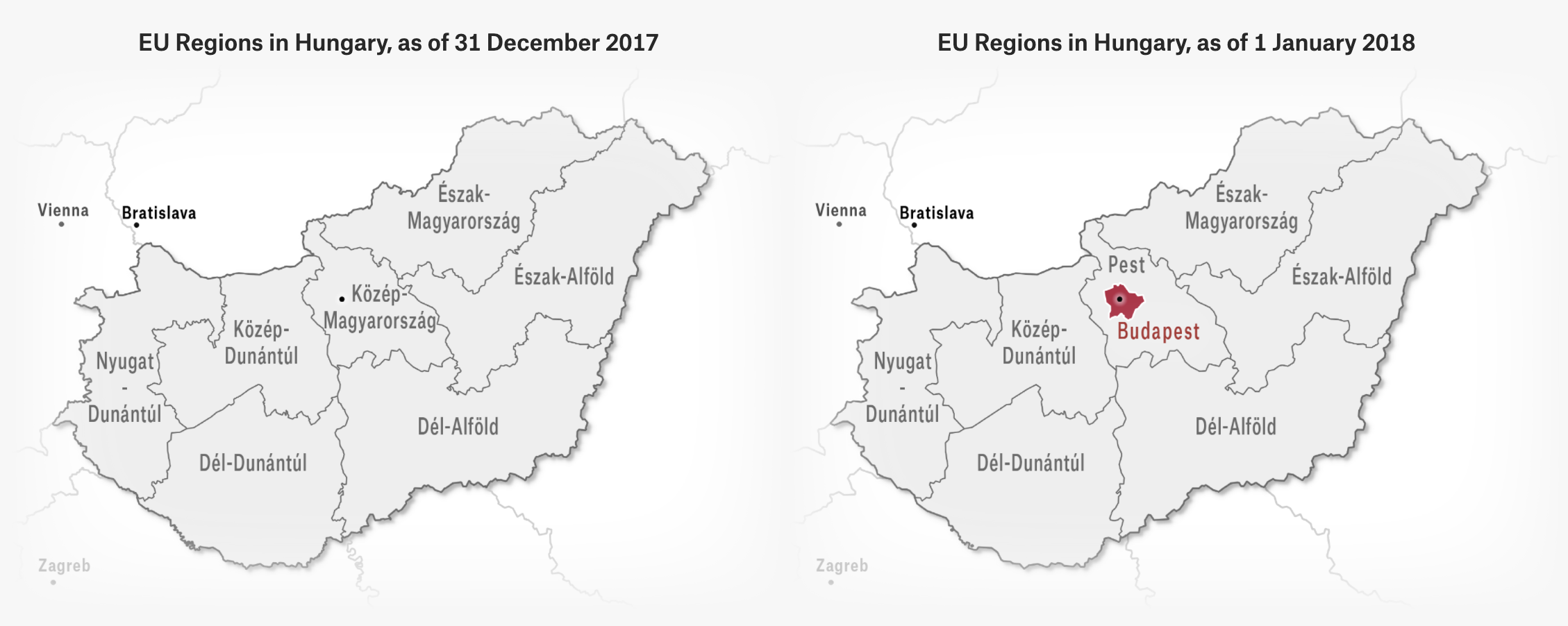 2 maps of Hungary showing how the region around Budapest was split in two