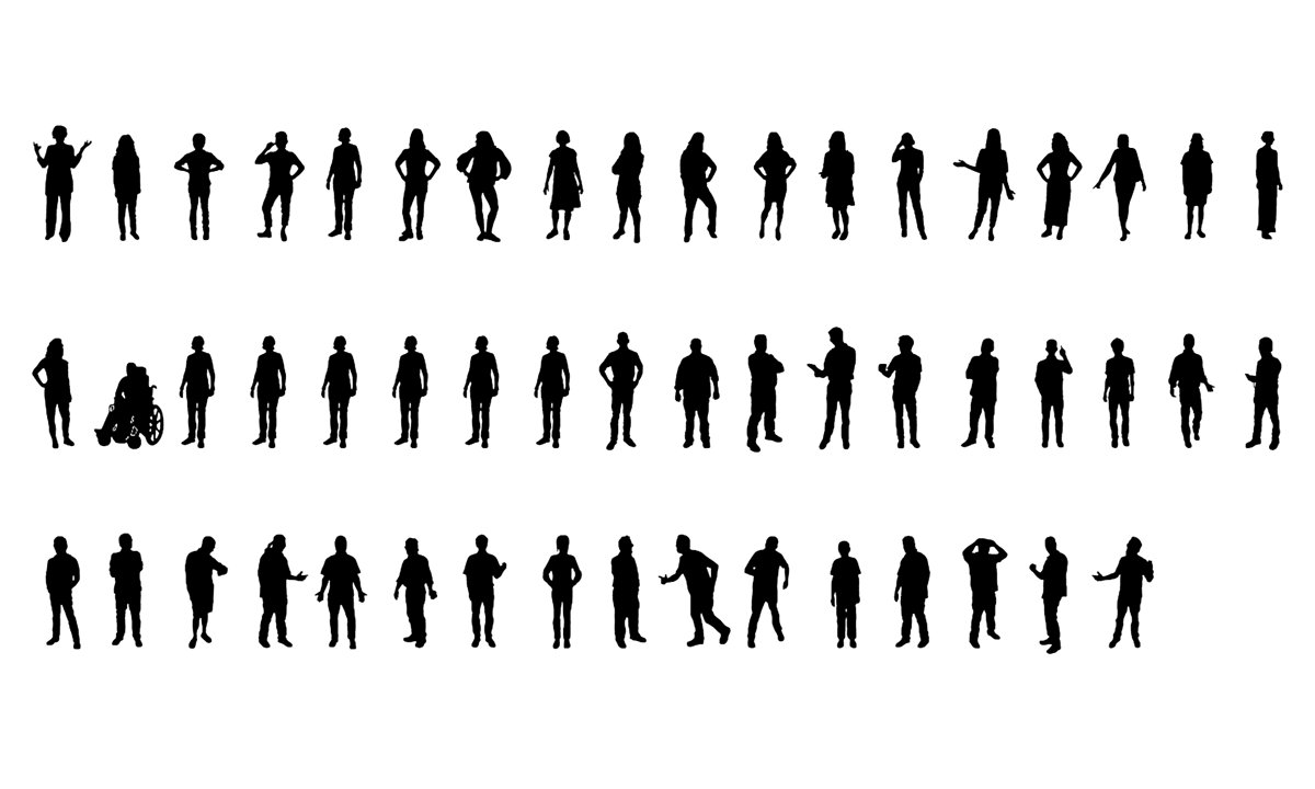 The set of 52 silhouettes of people, all with different poses, of the Wee People font