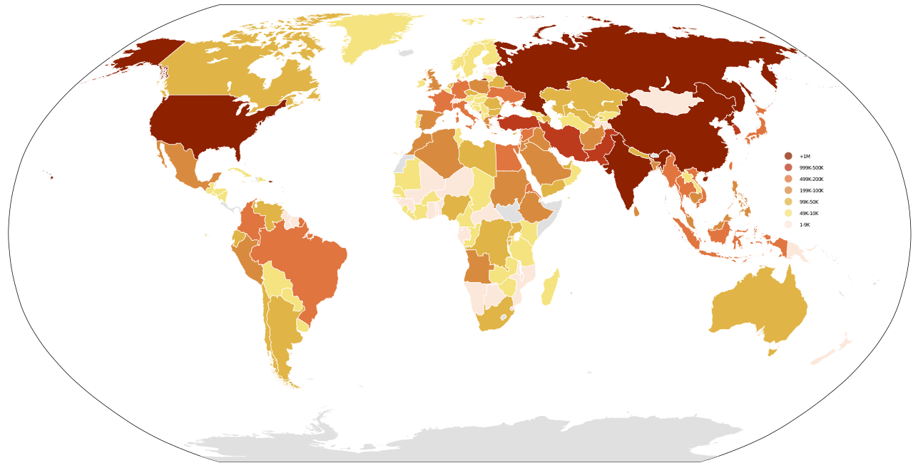 A world choropleth map showing the number of soldiers in each country