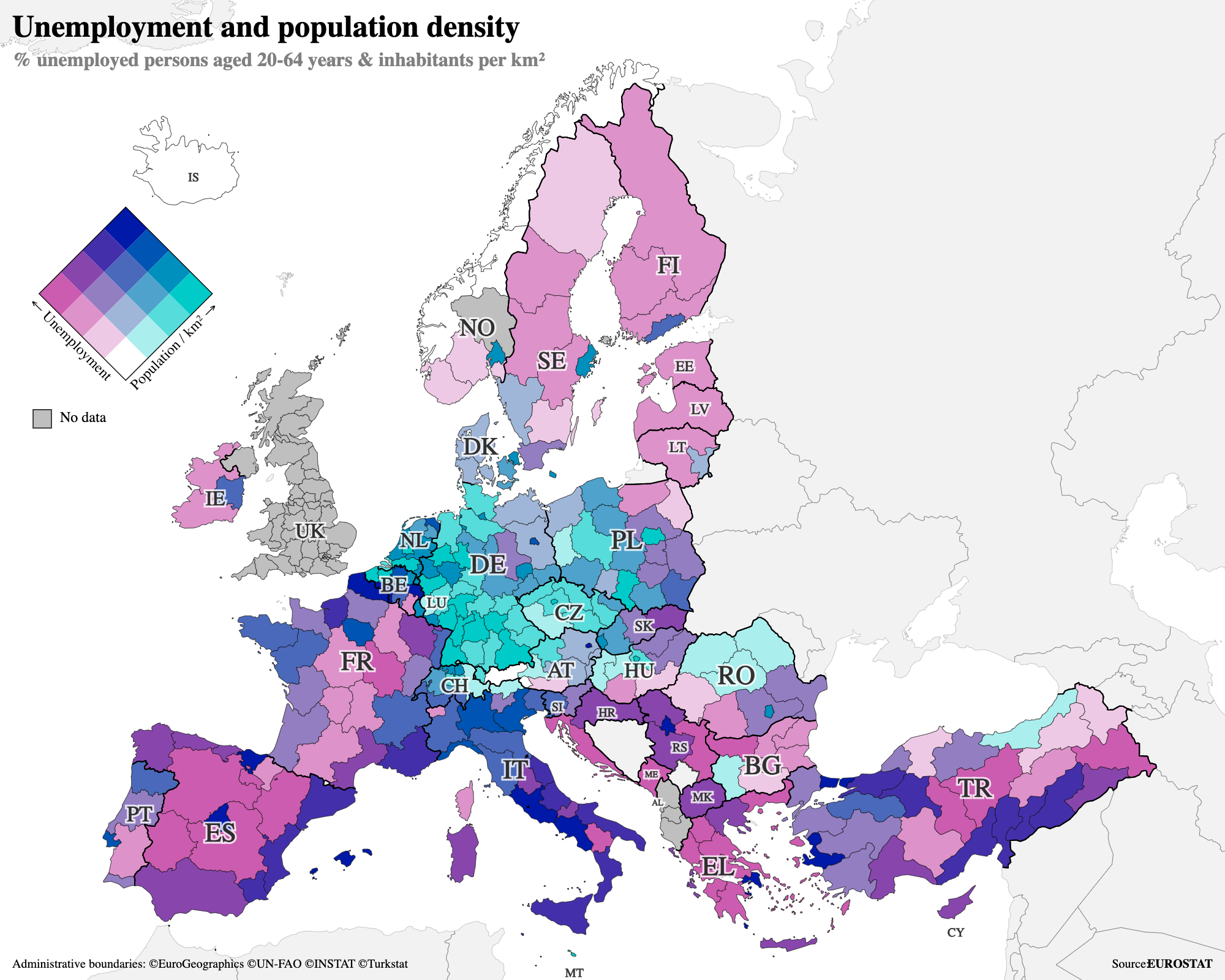 A bivariate choropleth map showing unemployment rates and population density of EU regions