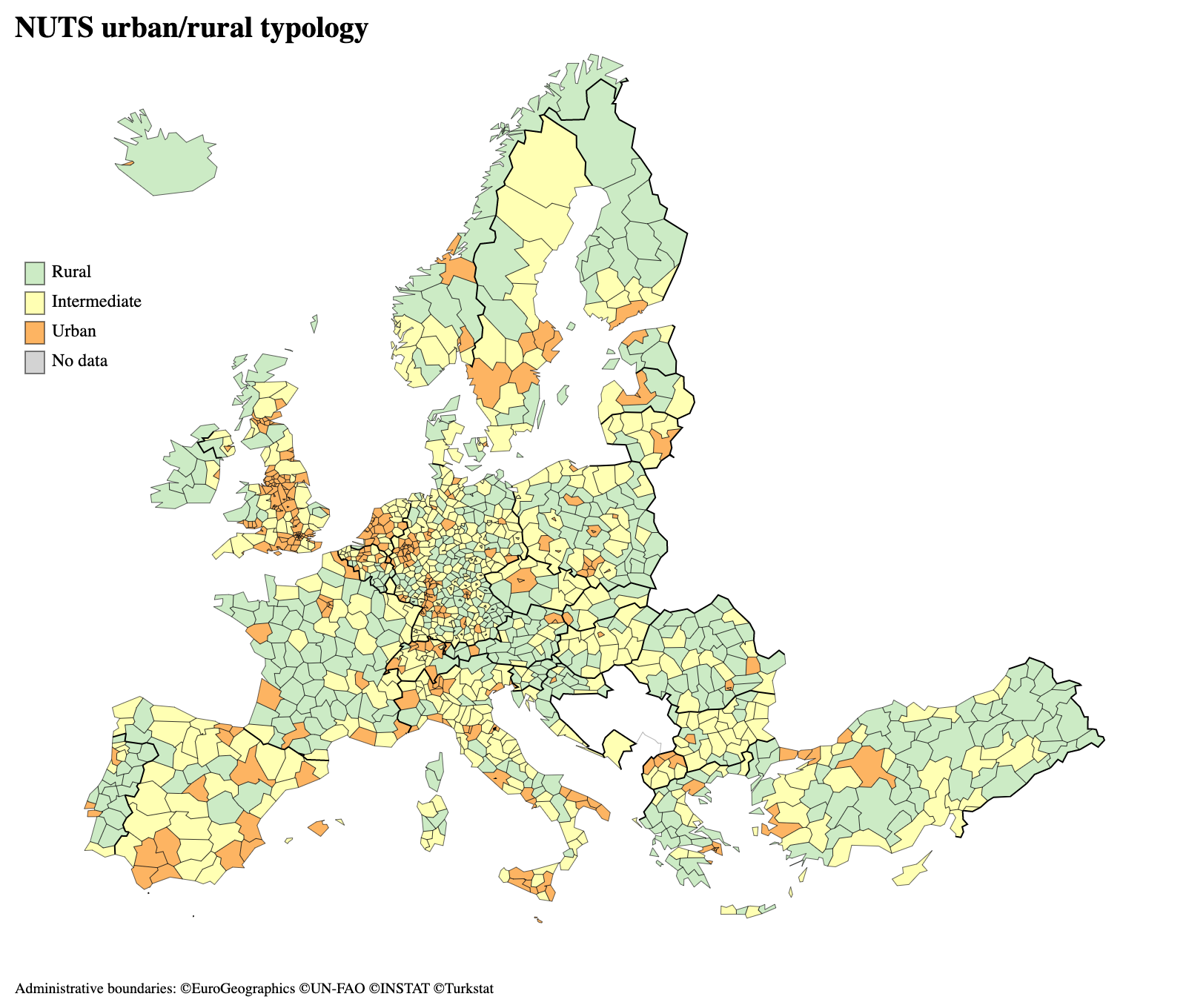 A choropleth map showing the classification of EU regions into rural, intermediate and urban regions