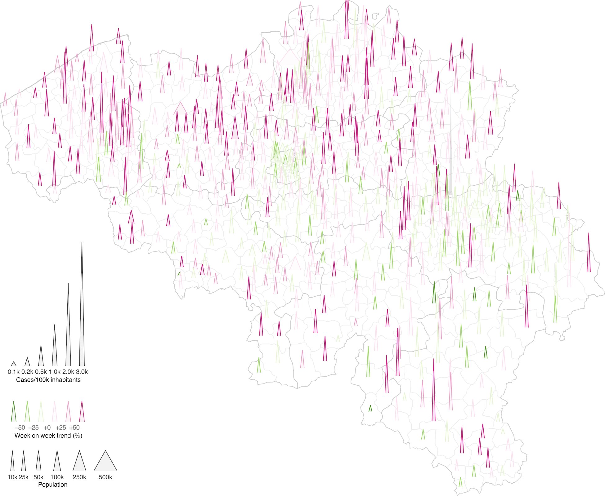 Spike map of Belgian municipalities, with the height of the spikes proportional to the number of Covid-19 cases per 100.000 inhabitants, their widht proportional to the population and the colour representing the trend in cases