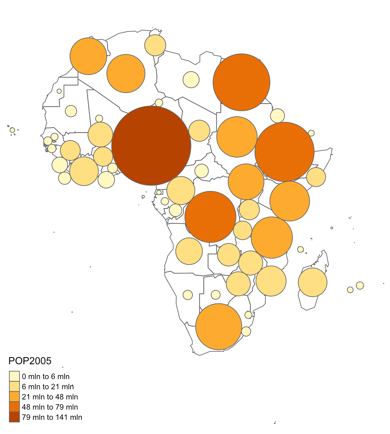 A Dorling cartogram of African countries and their populations
