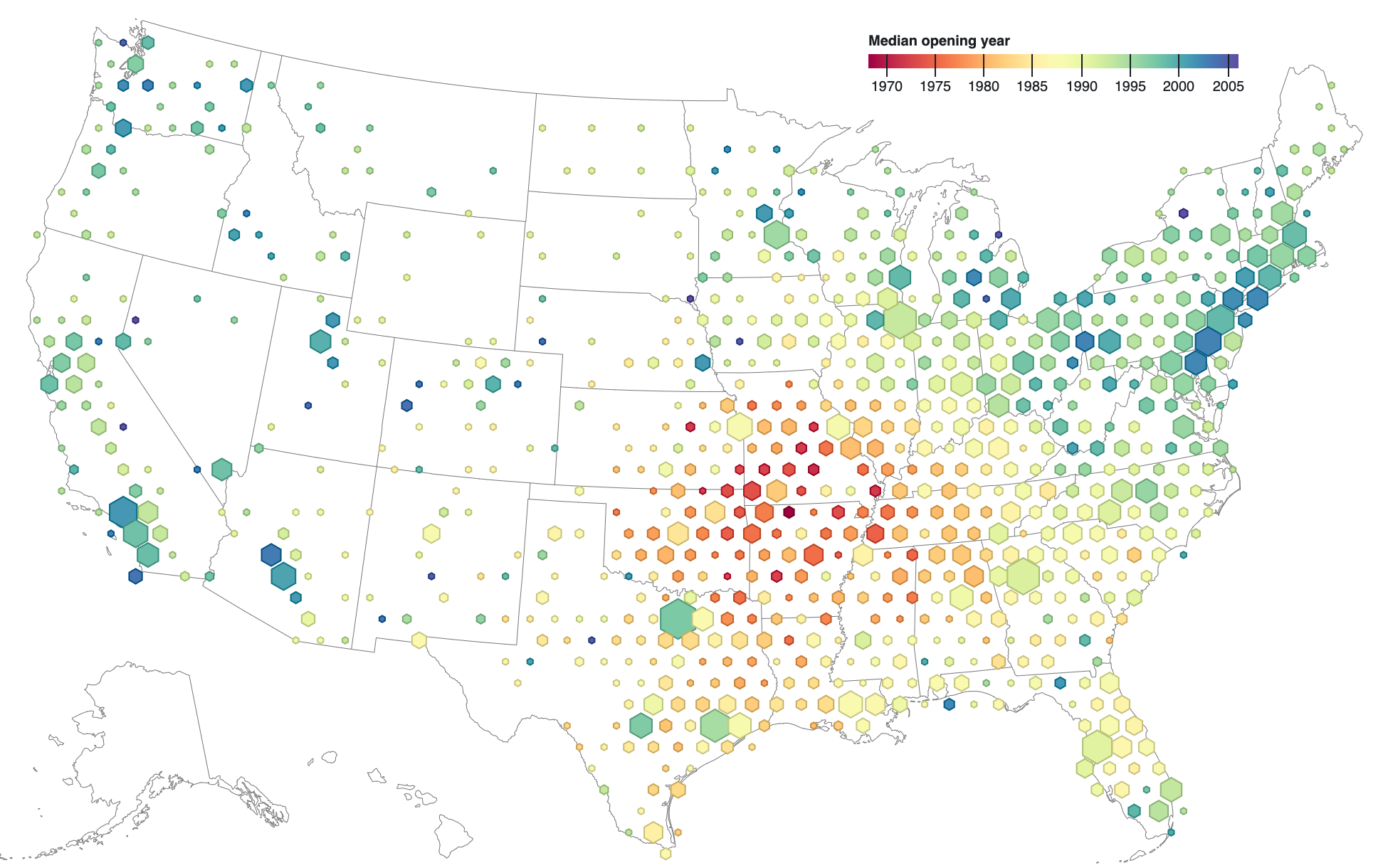 A hexbin map showing the median opening year of the Walmart stores in each hexagon. The size of each hexagon is proportional to the number of stores in each hexagon