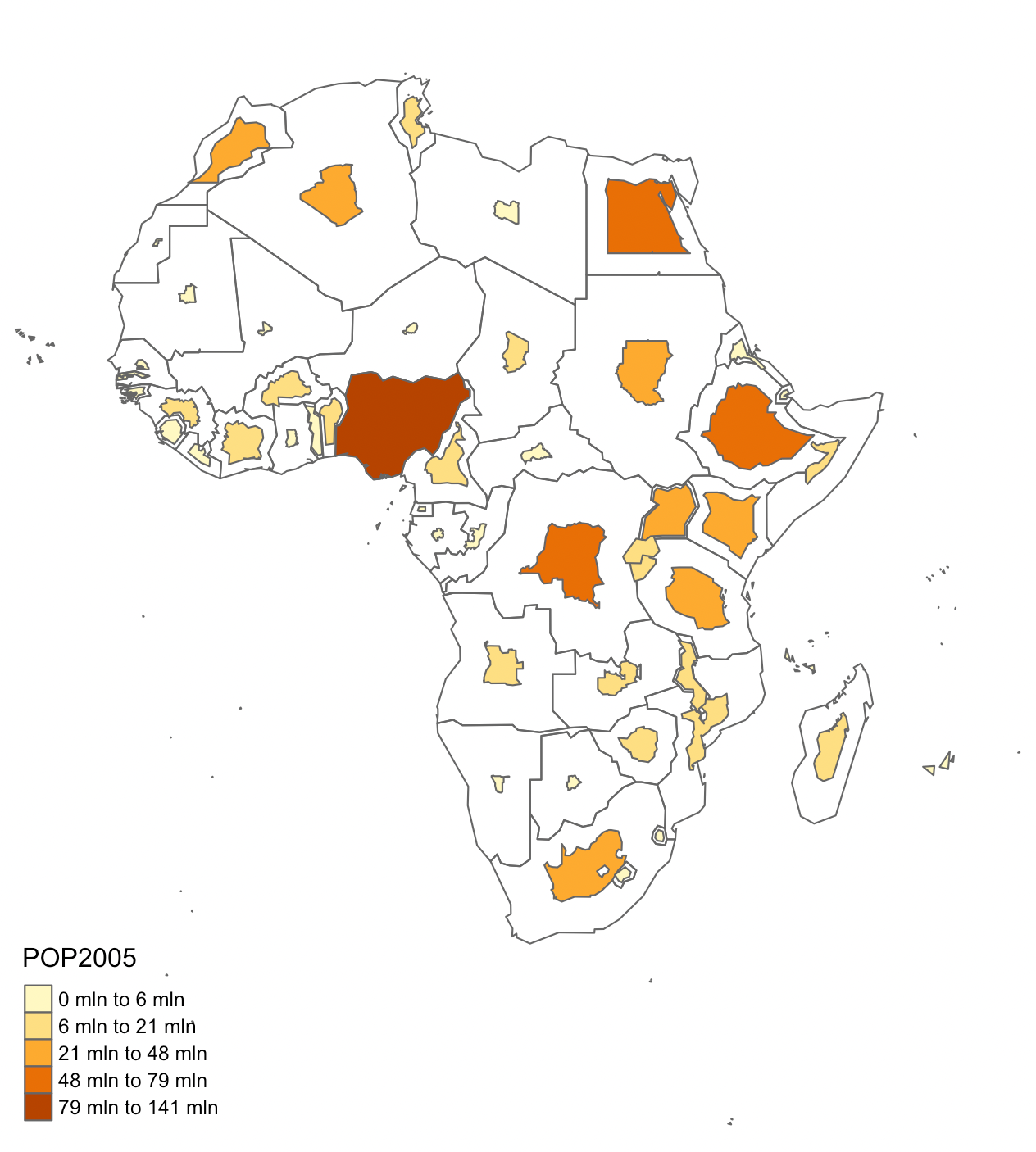 A non-contiguous cartogram of African countries and their populations