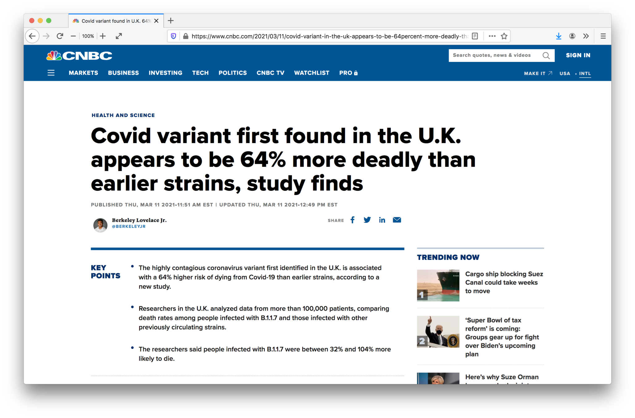 Screenshot of a web browser showing an article on cnbc.com titled 'Covid variant first found in the U.K. appears to be 64% more deadly than earlier strains, study finds'