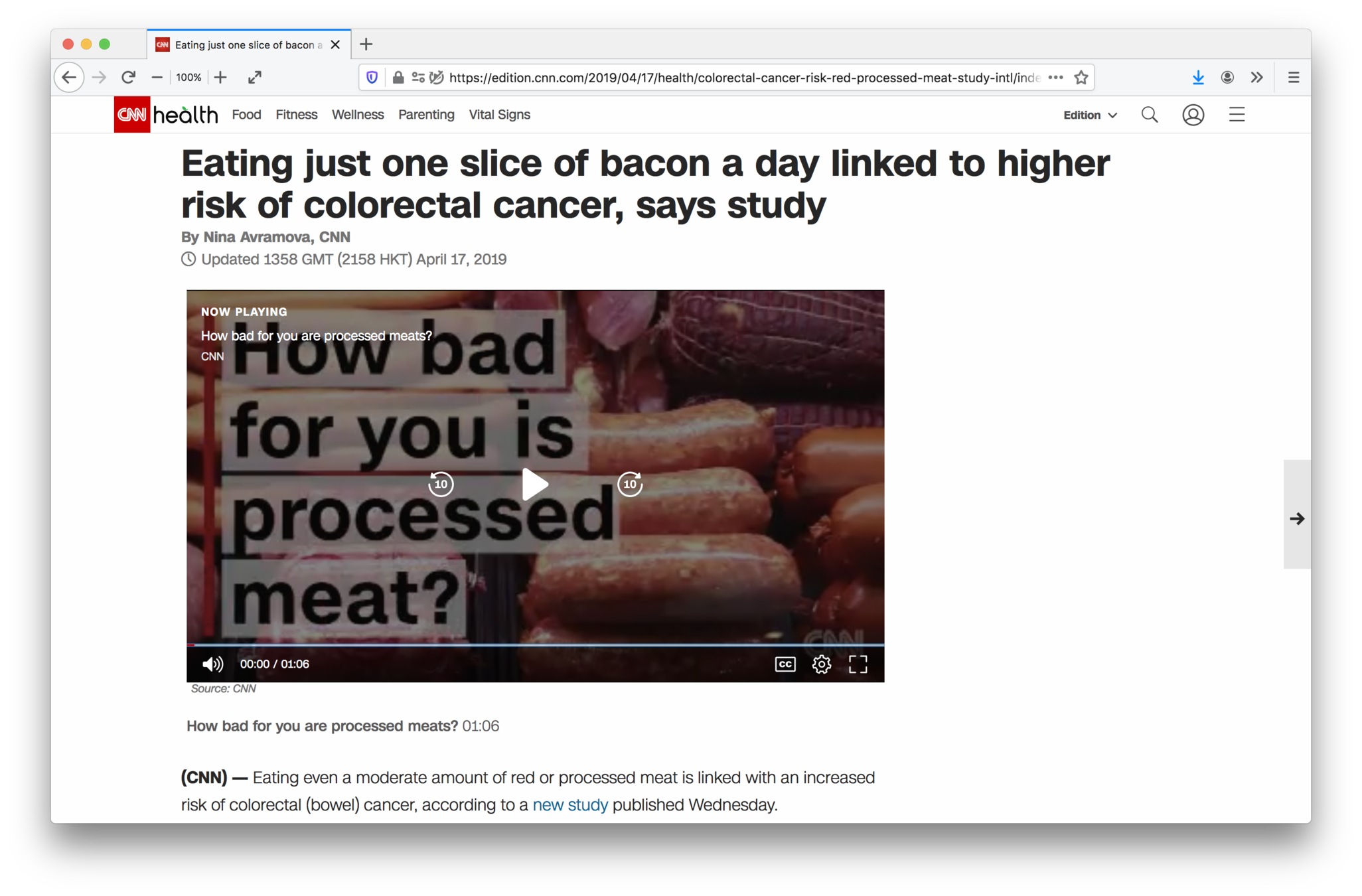 Screenshot of a web browser showing an article on cnn.com titled 'Eating just one slice of bacon a day linked to higher risk of colorectal cancer, says study'