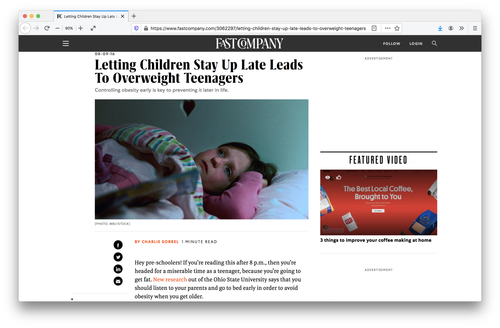 A web browser displaying the article 'Letting children stay up late leads to overweight teenagers' on fastcompany.com